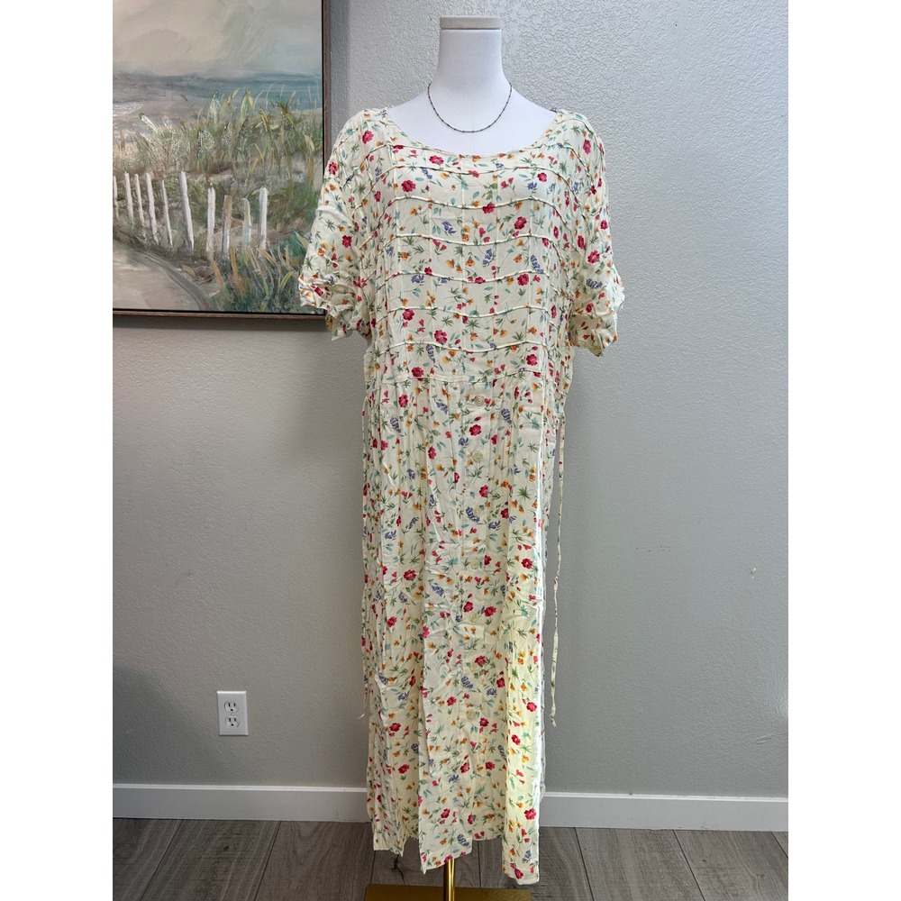 Vintage Erika II Floral Rayon Cottagecore Midi Dress Tie Waist